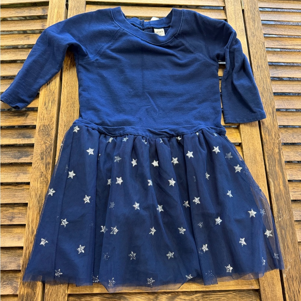 Carter's Midnight Navy Blue Dress with Shimmering Stars on Tulle / Bow & Button